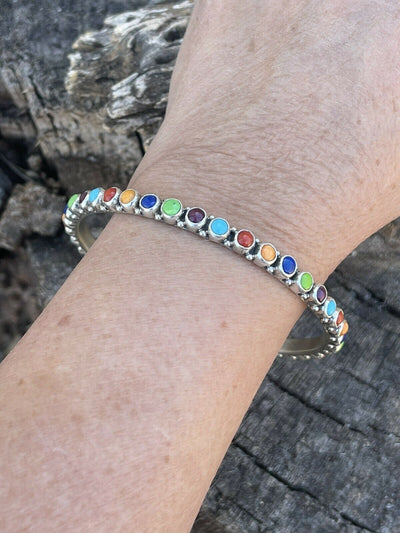 Handcrafted Multi Stone Rainbow Sterling Silver Bangle Signed