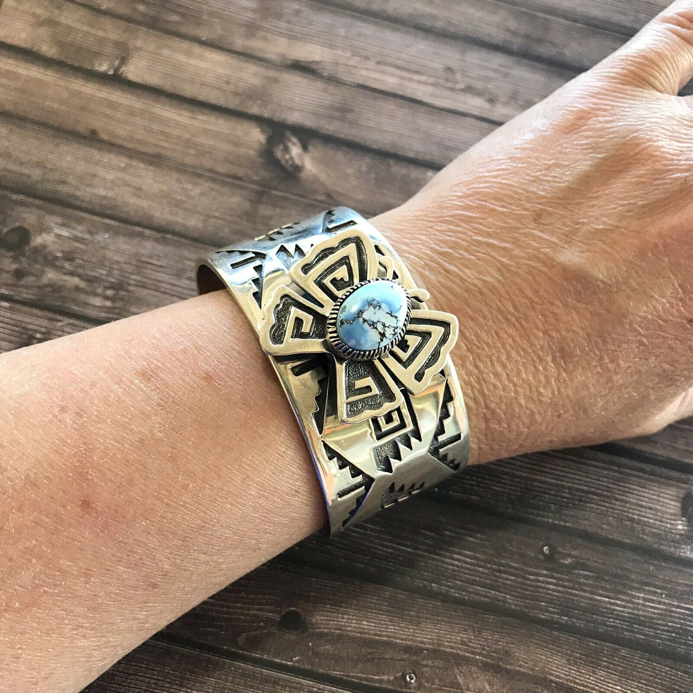 Handcrafted Sterling Silver and Golden Hills Turquoise Butterfly Cuff Bracelet, Signed RB