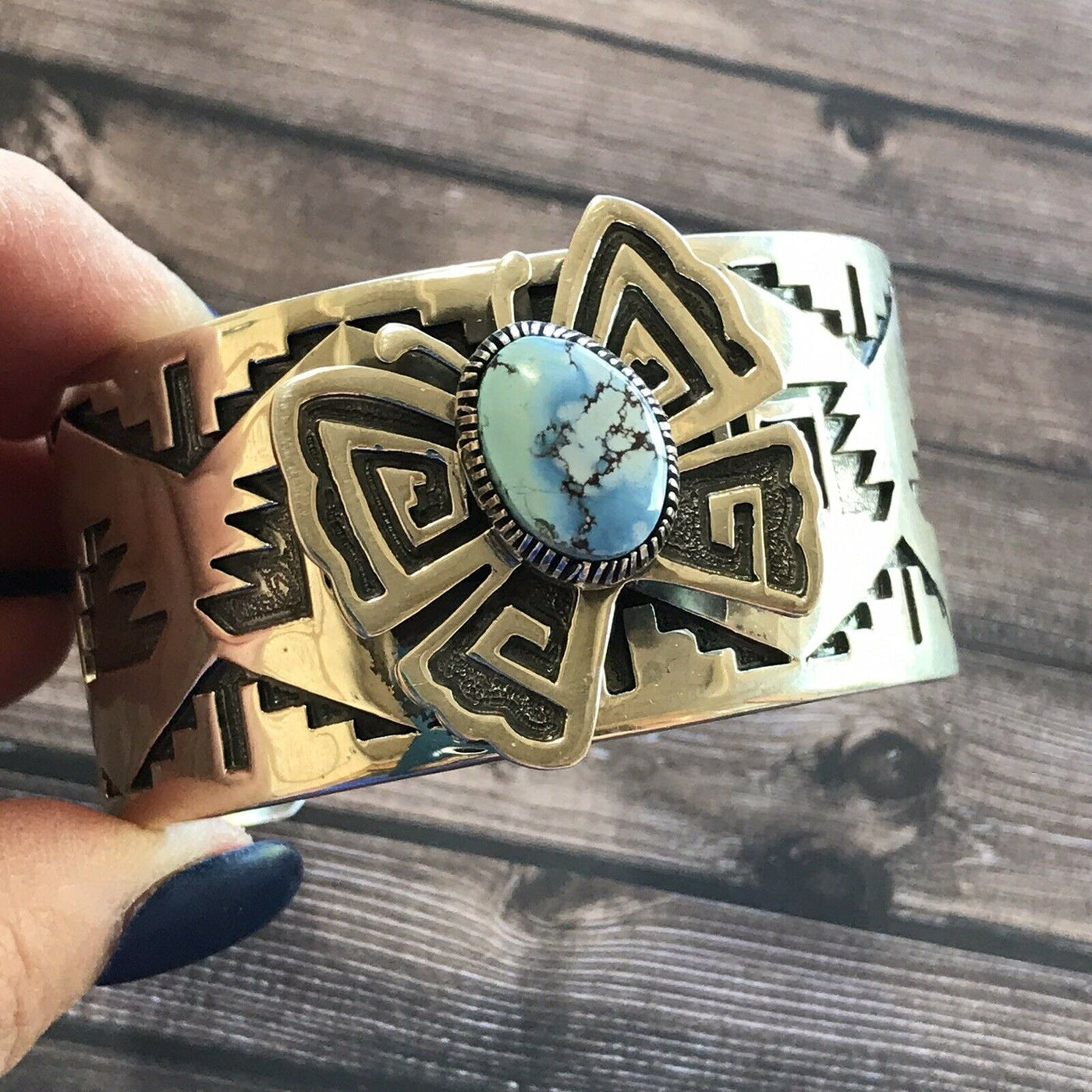 Handcrafted Sterling Silver and Golden Hills Turquoise Butterfly Cuff Bracelet, Signed RB