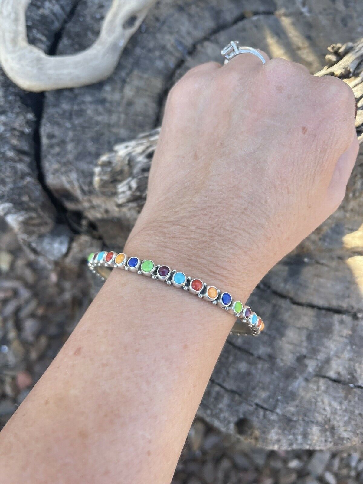 Handcrafted Multi Stone Rainbow Sterling Silver Bangle Signed