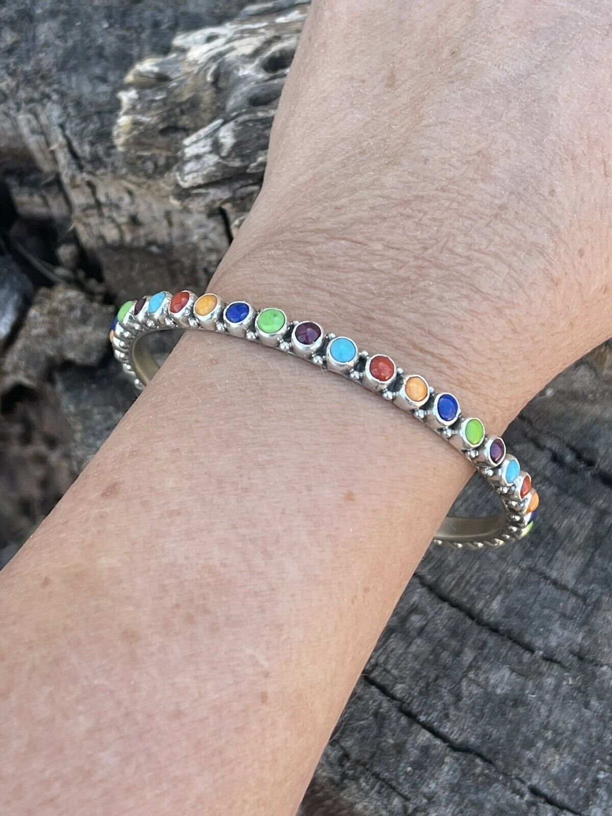 Handcrafted Multi Stone Rainbow Sterling Silver Bangle Signed