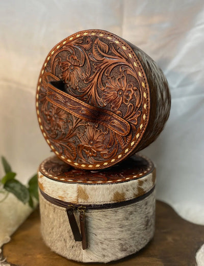 Tooled Floral Round Cowhide jewelry box