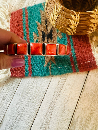 Handcrafted Spiny Oyster & Sterling Silver Bangle Bracelet Signed Leroy James