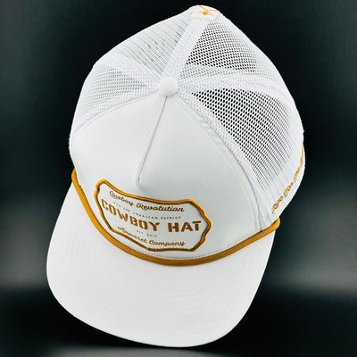 “Cowboy Hat” Patch Rope Trucker Hat - White