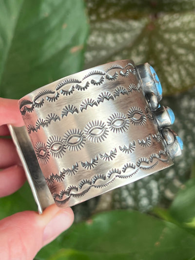 Handcrafted Stamped Sterling Silver and Golden Hills Turquoise Cuff Bracelet by Jennifer Garcia for Chimney Butte /