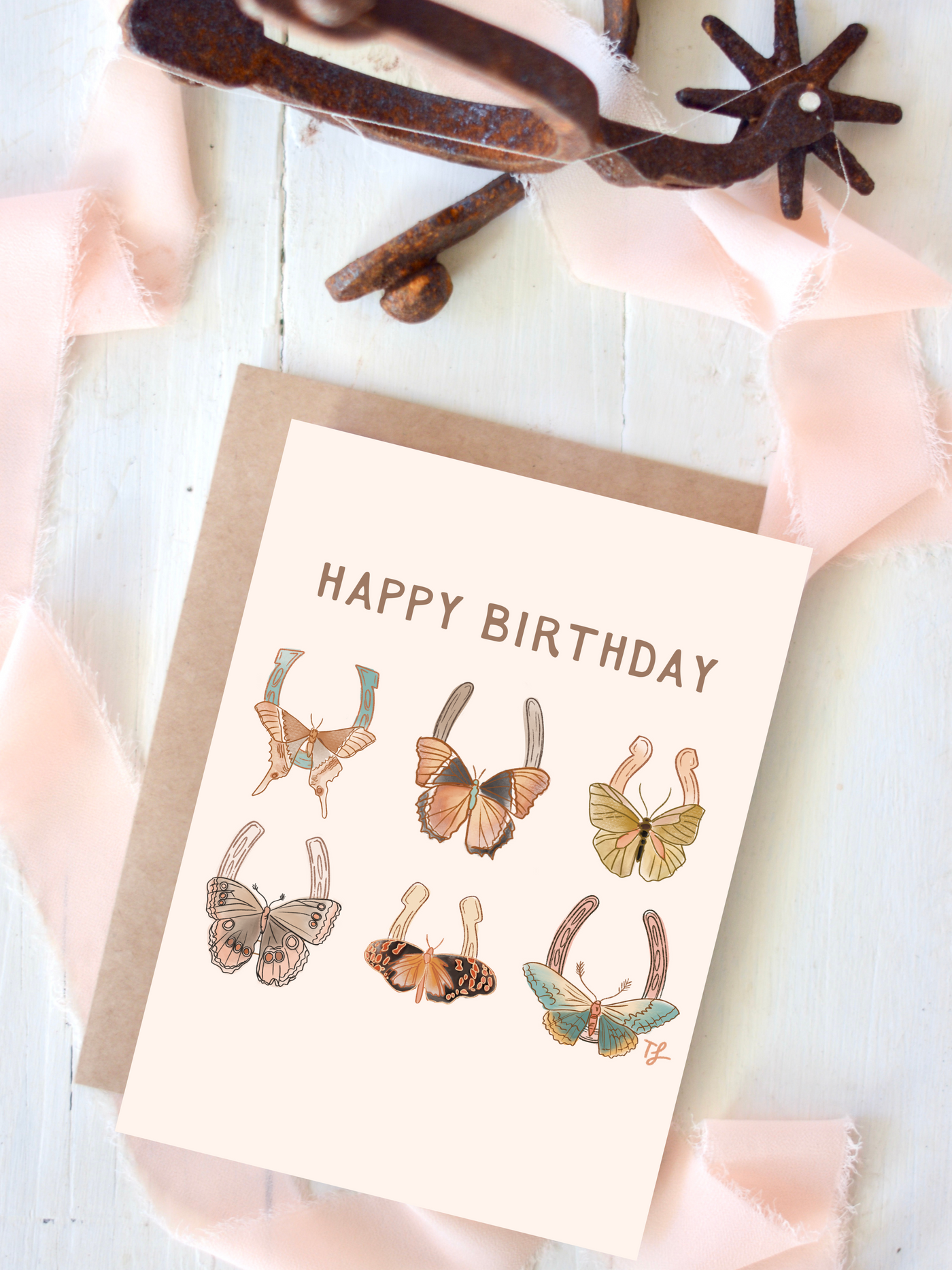 Happy Birthday Moth Butterfly Horseshoe Birthday Card