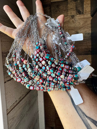 Paperclip Chain Necklace – 4mm Sterling Silver Pearls & Pink-Blue Sea Sediment – 16.5"