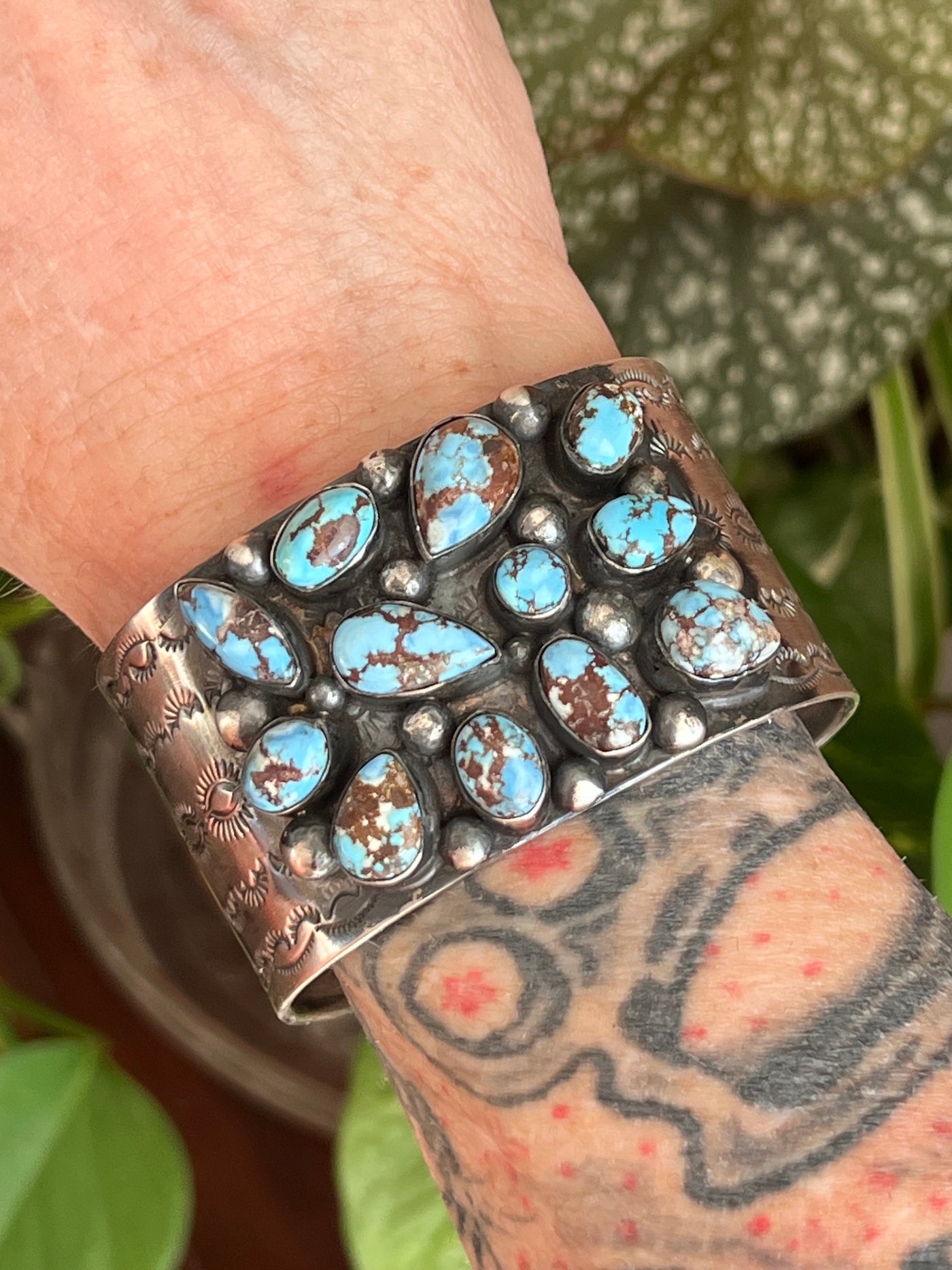 Handcrafted Stamped Sterling Silver and Golden Hills Turquoise Cuff Bracelet by Jennifer Garcia for Chimney Butte /