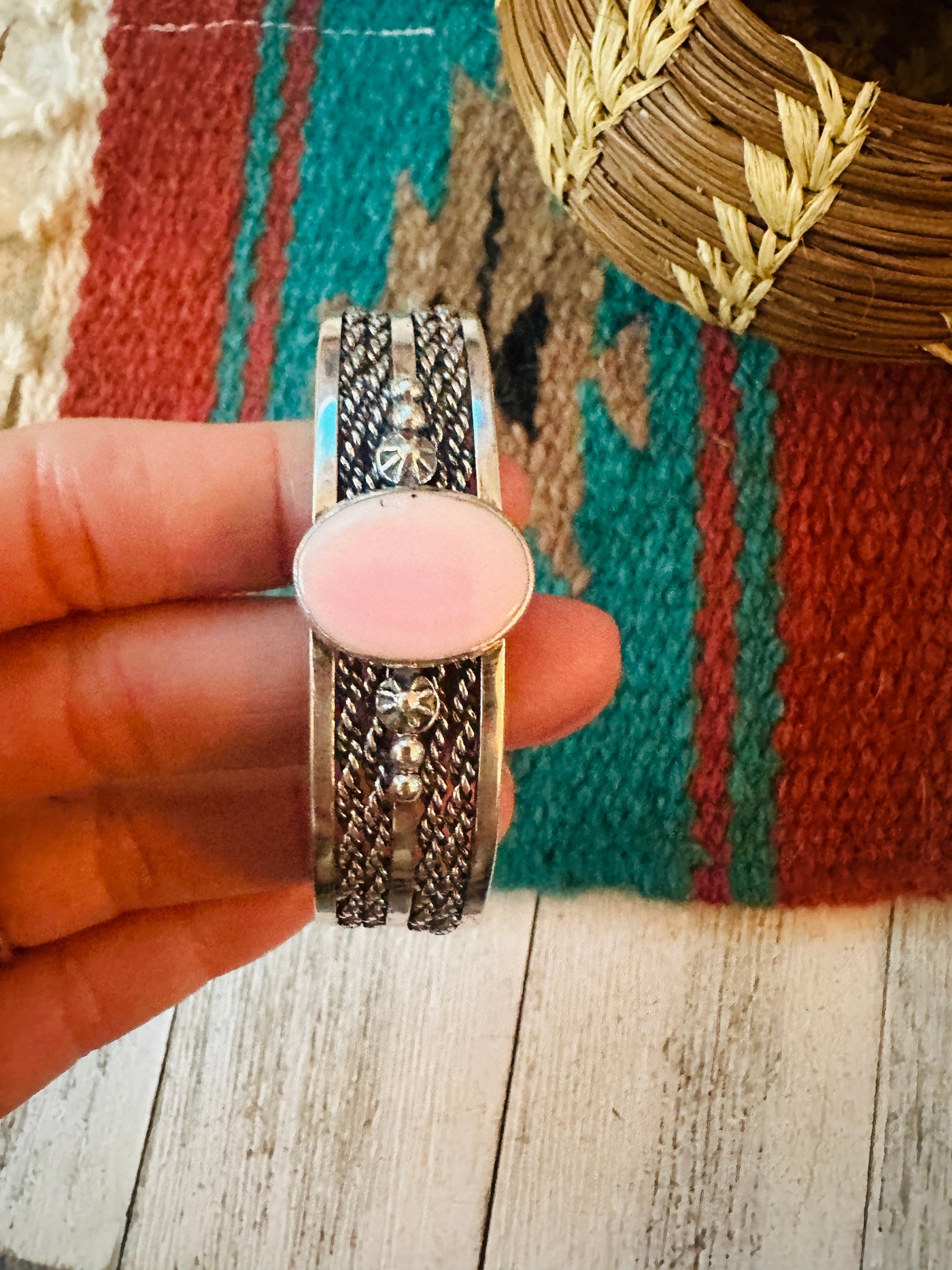 Queen Pink Conch Shell & Sterling Silver Cuff Bracelet