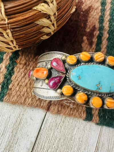 Handcrafted Old Pawn Turquoise, Spiny & Sterling Silver Cuff Bracelet /