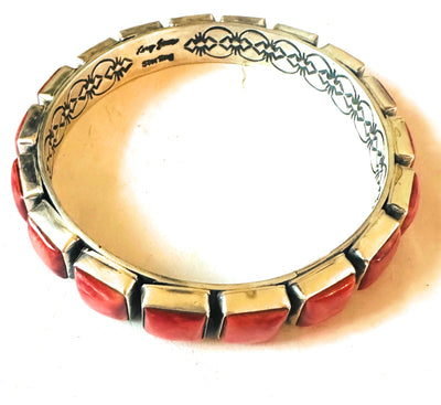 Handcrafted Spiny Oyster & Sterling Silver Bangle Bracelet Signed Leroy James