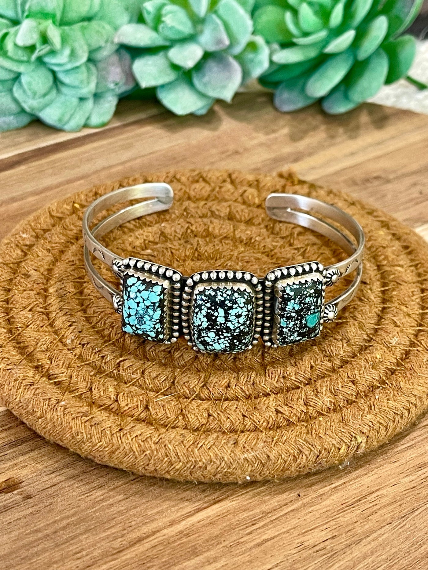 Handmade New Lander Turquoise & Sterling Silver Cuff Bracelet