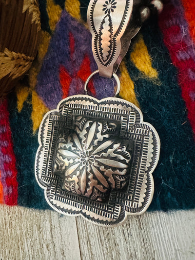 Handcrafted Sterling Silver Cross Concho Pendant by Leander Tahe