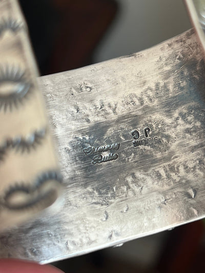 Handcrafted Stamped Sterling Silver and Golden Hills Turquoise Cuff Bracelet by Jennifer Garcia for Chimney Butte /