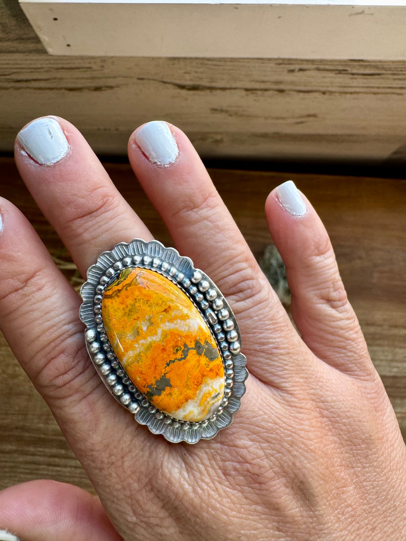 Big oval Ring - adjustable- sterling silver with bumblebee jasper