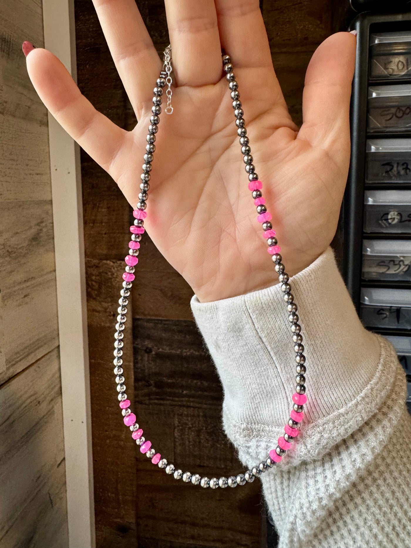 17 inch long Pink opal faceted & Sterling Silver Pearls