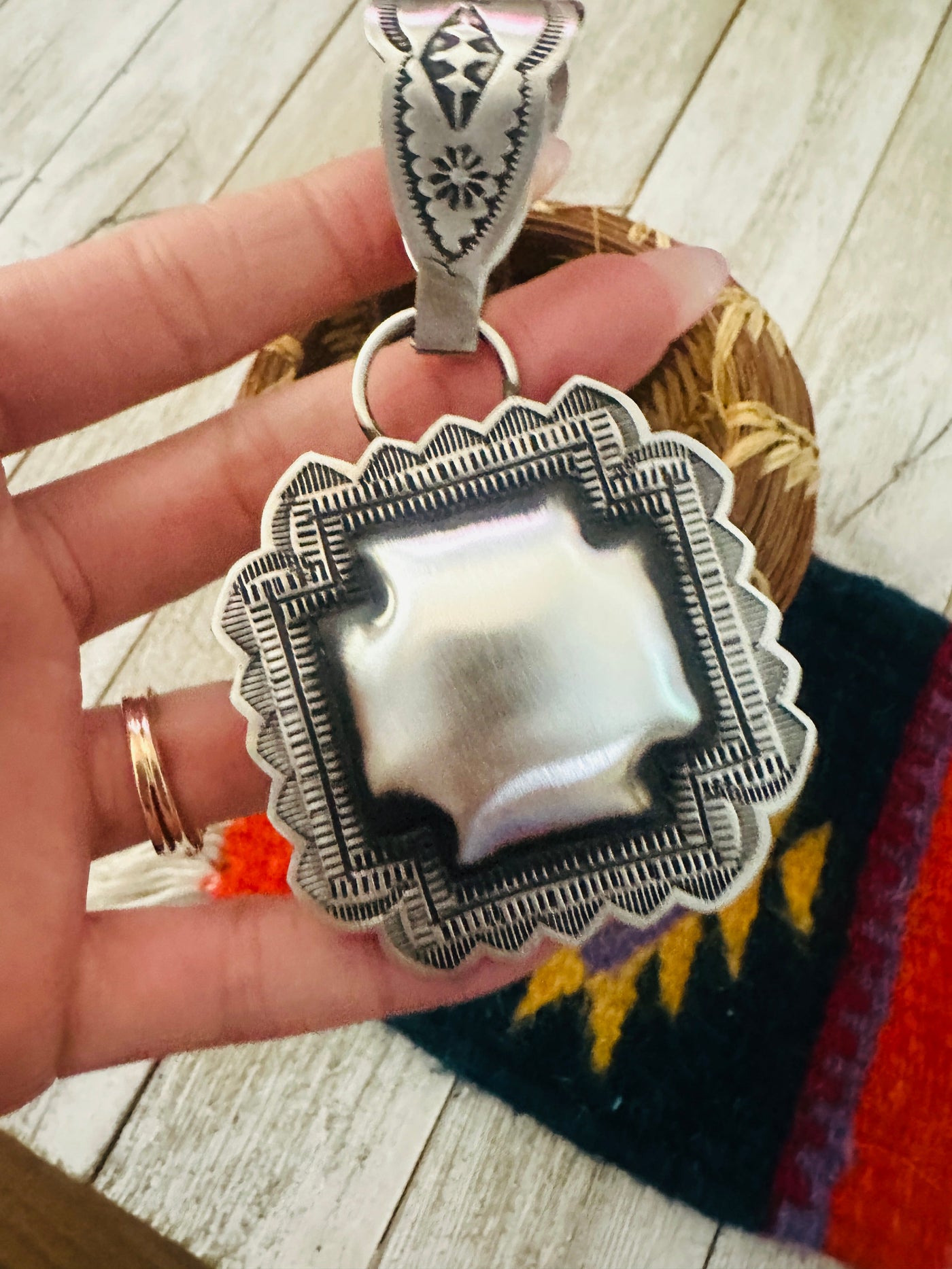 Handcrafted Sterling Silver Cross Concho Pendant by Leander Tahe