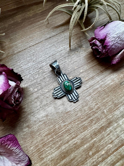 Zia Symbol Pendant with Green Sonoran Gold Turquoise – Sterling Silver – Native Made by K. Billah – Fits 8mm