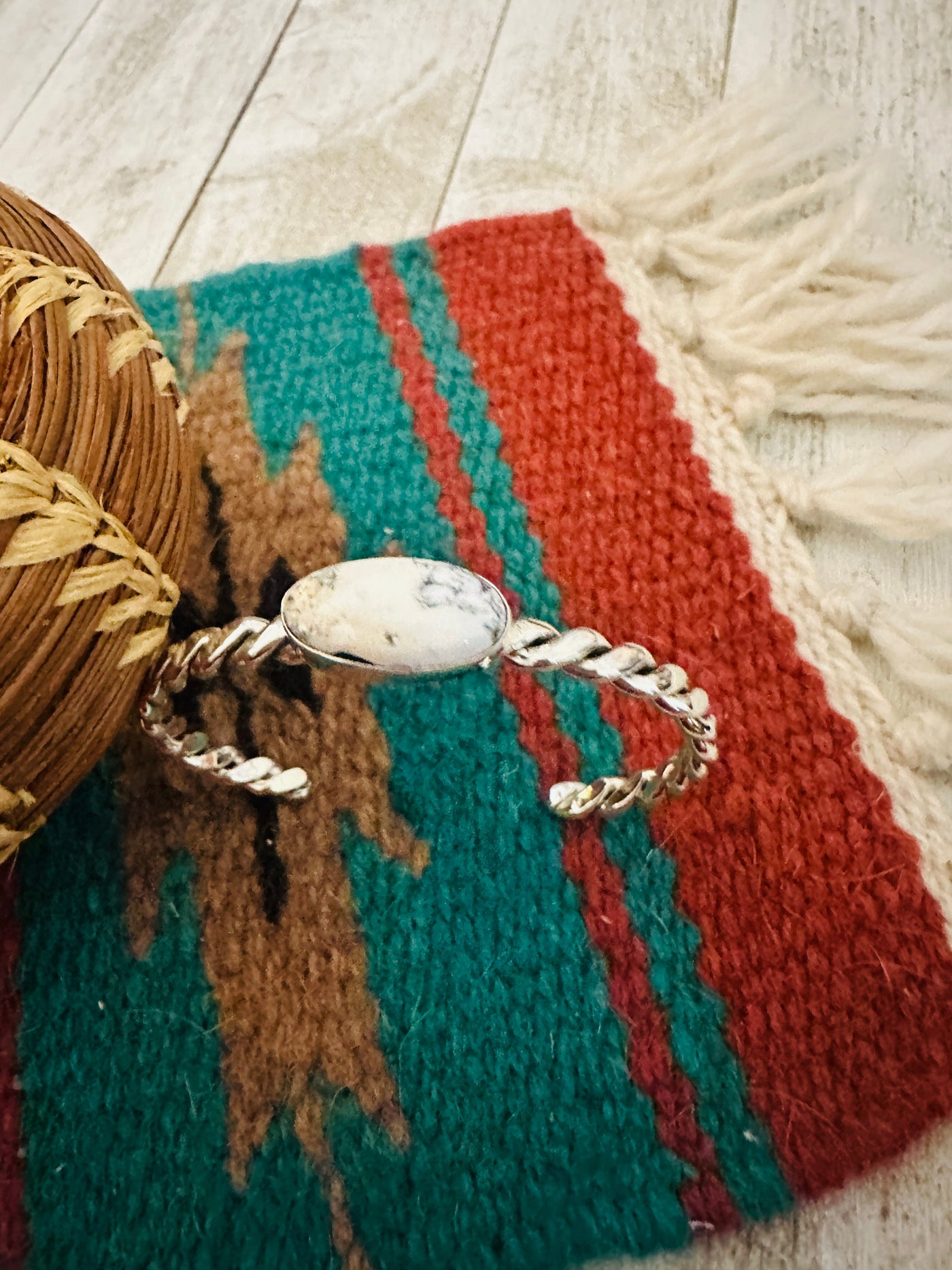 Handcrafted White Buffalo & Twisted Sterling Silver Cuff Bracelet