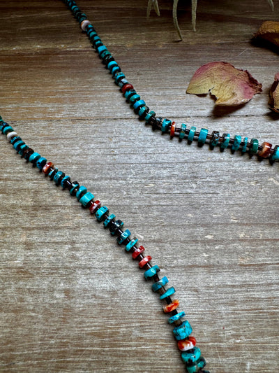 26” Dark Blue Rondelle Turquoise & Spiny Oyster Necklace