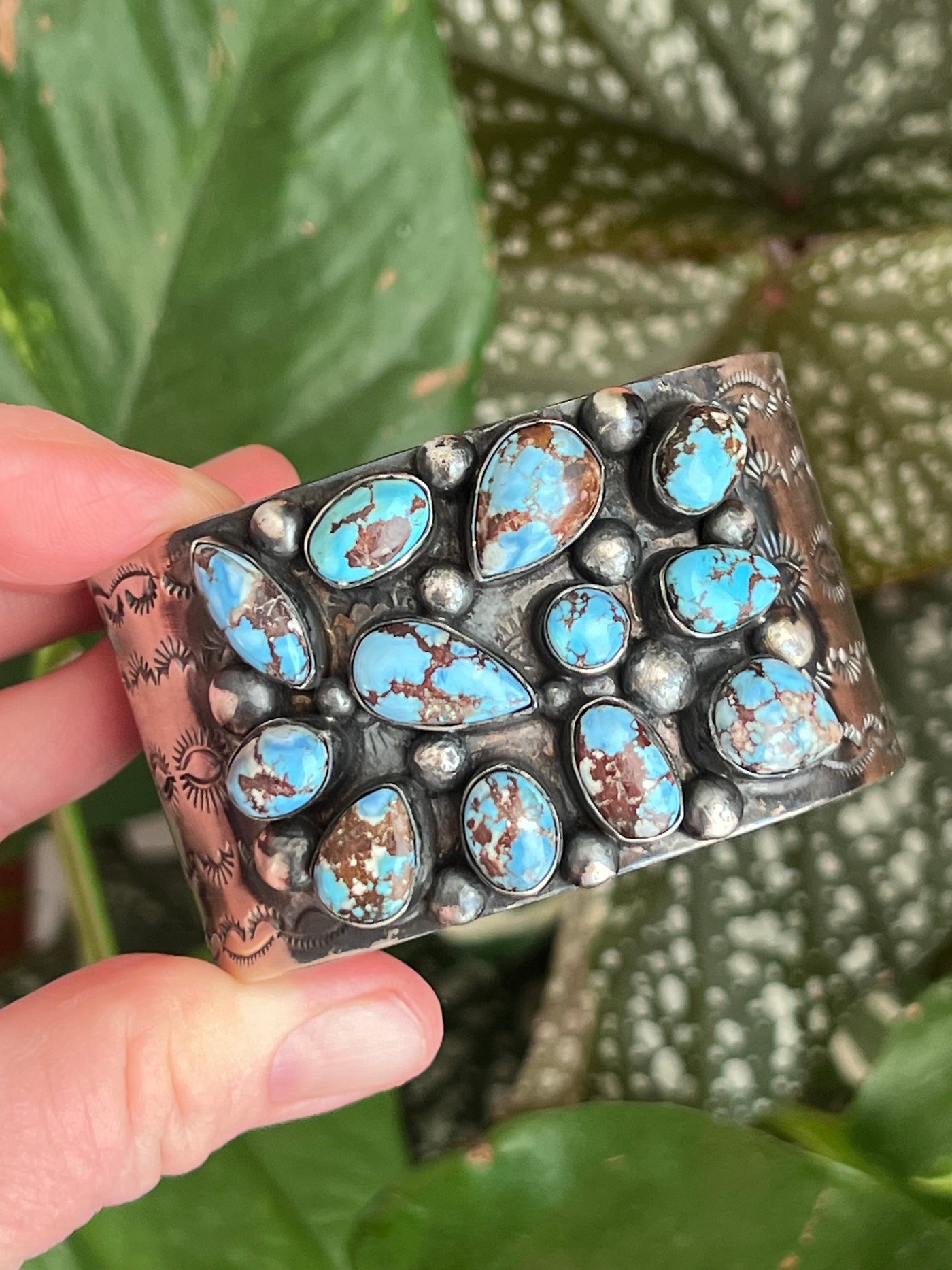 Handcrafted Stamped Sterling Silver and Golden Hills Turquoise Cuff Bracelet by Jennifer Garcia for Chimney Butte /