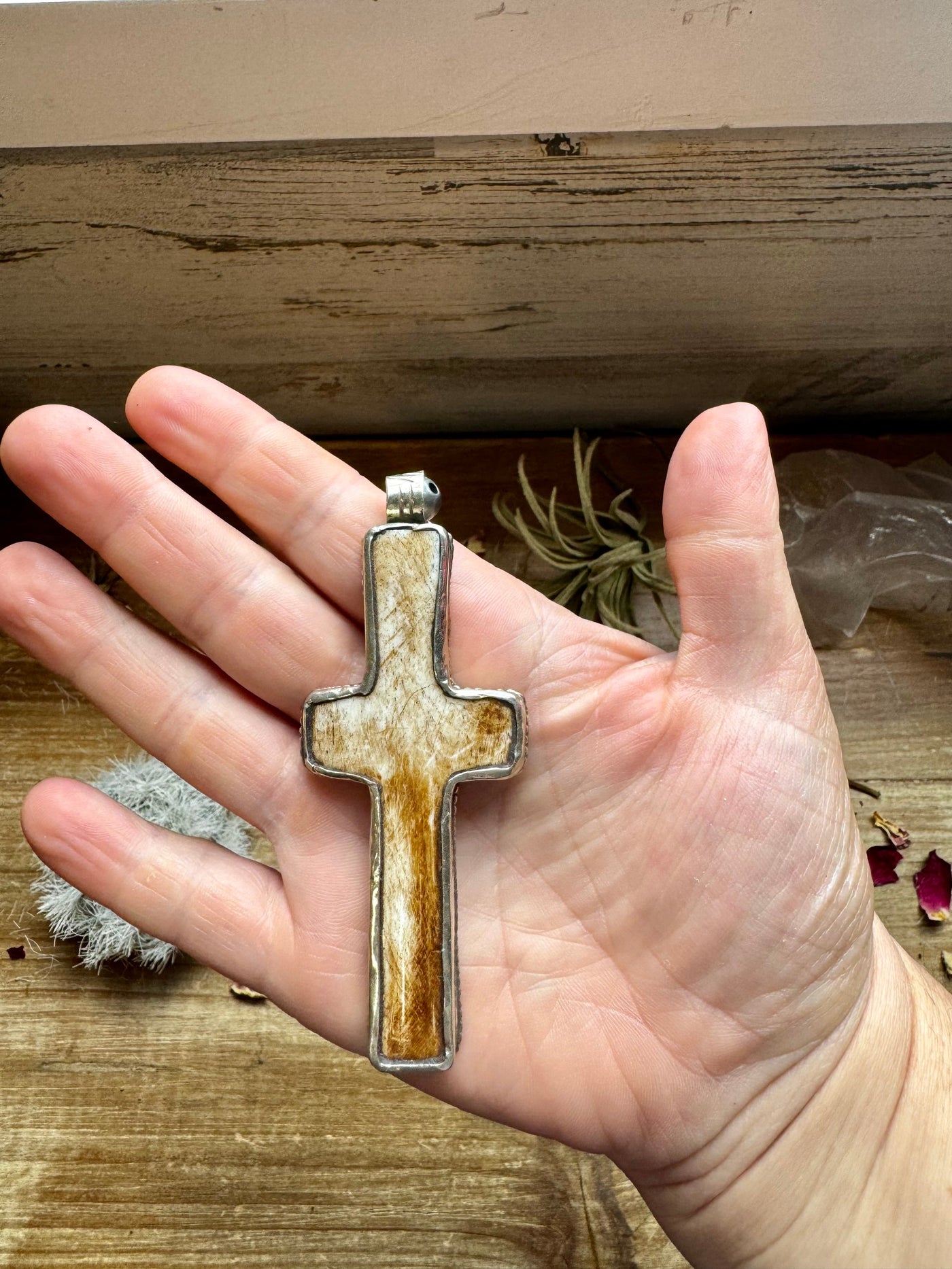 Antler Cross Pendant On Silver Brass