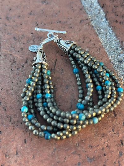 Paige Wallace Handmade Pyrite, Turquoise & Sterling Silver Beaded 8 Strand Bracelet