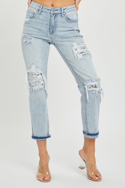 RISEN Mid-Rise Sequin Patched Jeans