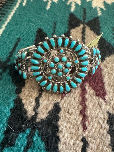 Old Pawn Cluster Kingman Turquoise & Sterling Silver Cuff Bracelet /