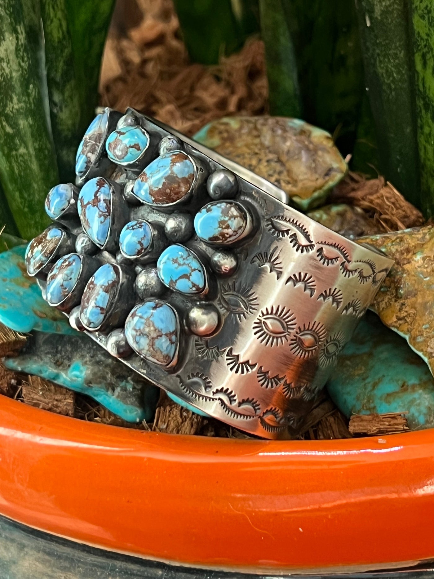 Handcrafted Stamped Sterling Silver and Golden Hills Turquoise Cuff Bracelet by Jennifer Garcia for Chimney Butte /