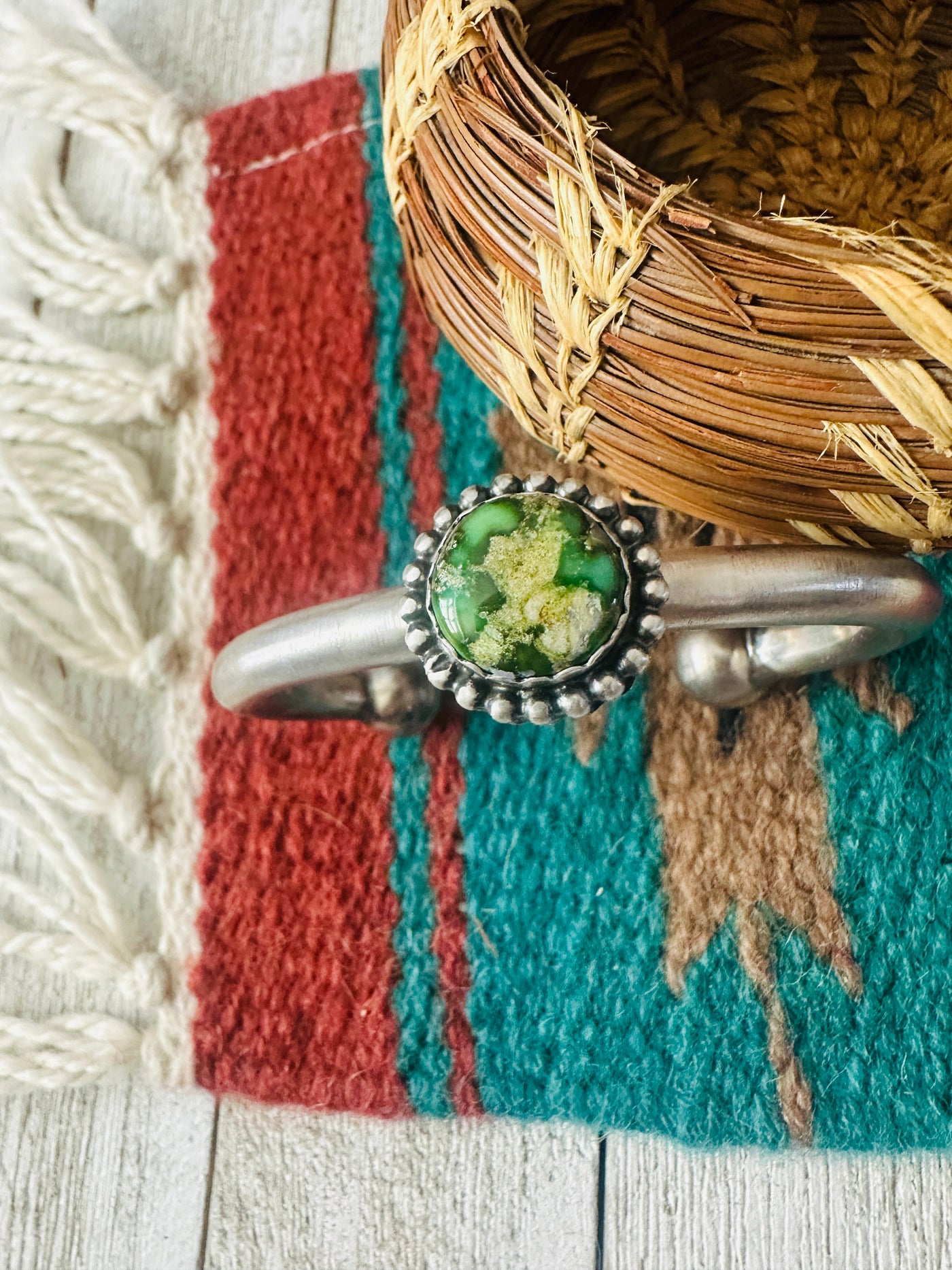 Handcrafted Sonoran Gold Turquoise & Sterling Silver Cuff Bracelet by Russell Sam