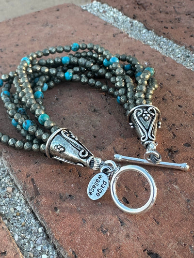Paige Wallace Handmade Pyrite, Turquoise & Sterling Silver Beaded 8 Strand Bracelet