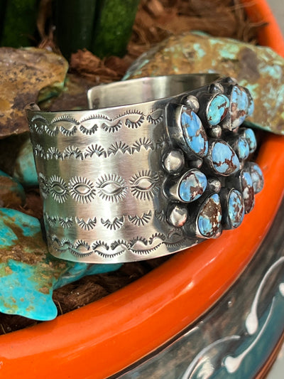Handcrafted Stamped Sterling Silver and Golden Hills Turquoise Cuff Bracelet by Jennifer Garcia for Chimney Butte /