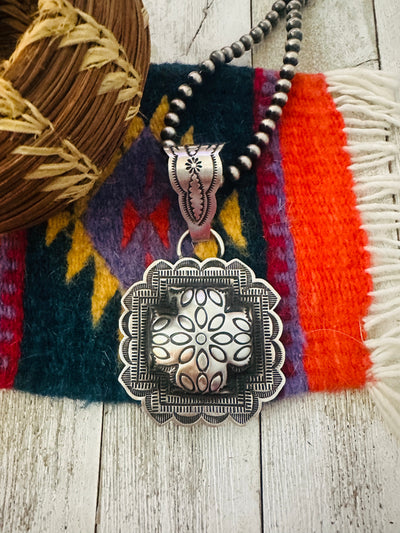 Handcrafted Sterling Silver Cross Concho Pendant by Leander Tahe