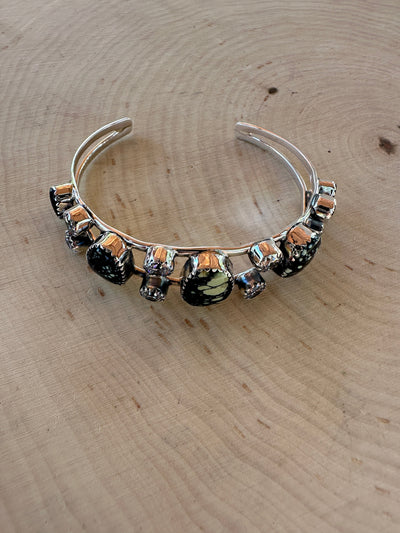 Handmade New Lander Turquoise, CZ & Sterling Silver Cuff Bracelet