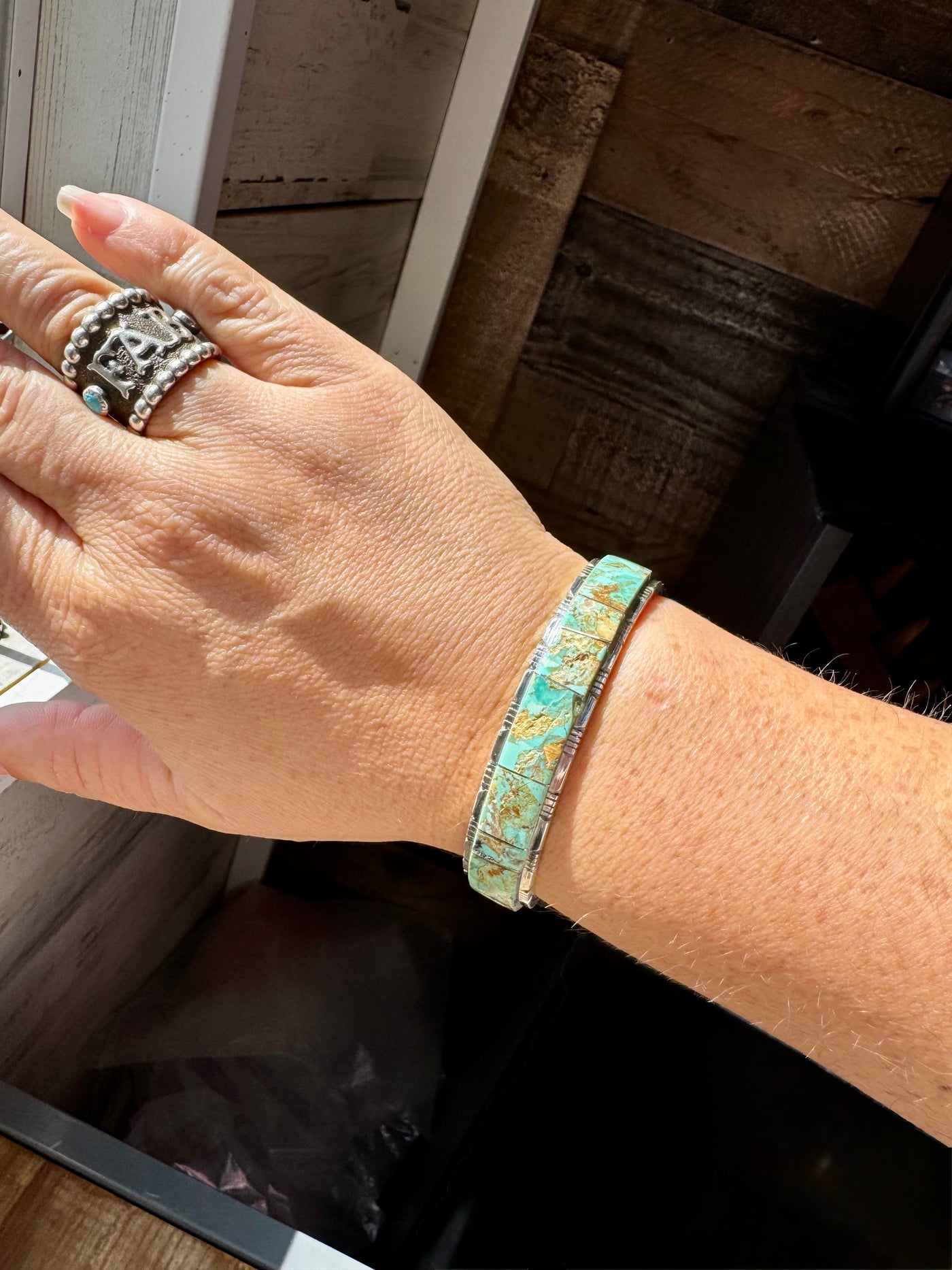 Cuff Bracelet – Green Kingman Turquoise – Sterling Silver – SF Stamp by Steve Francisco, Navajo Artist