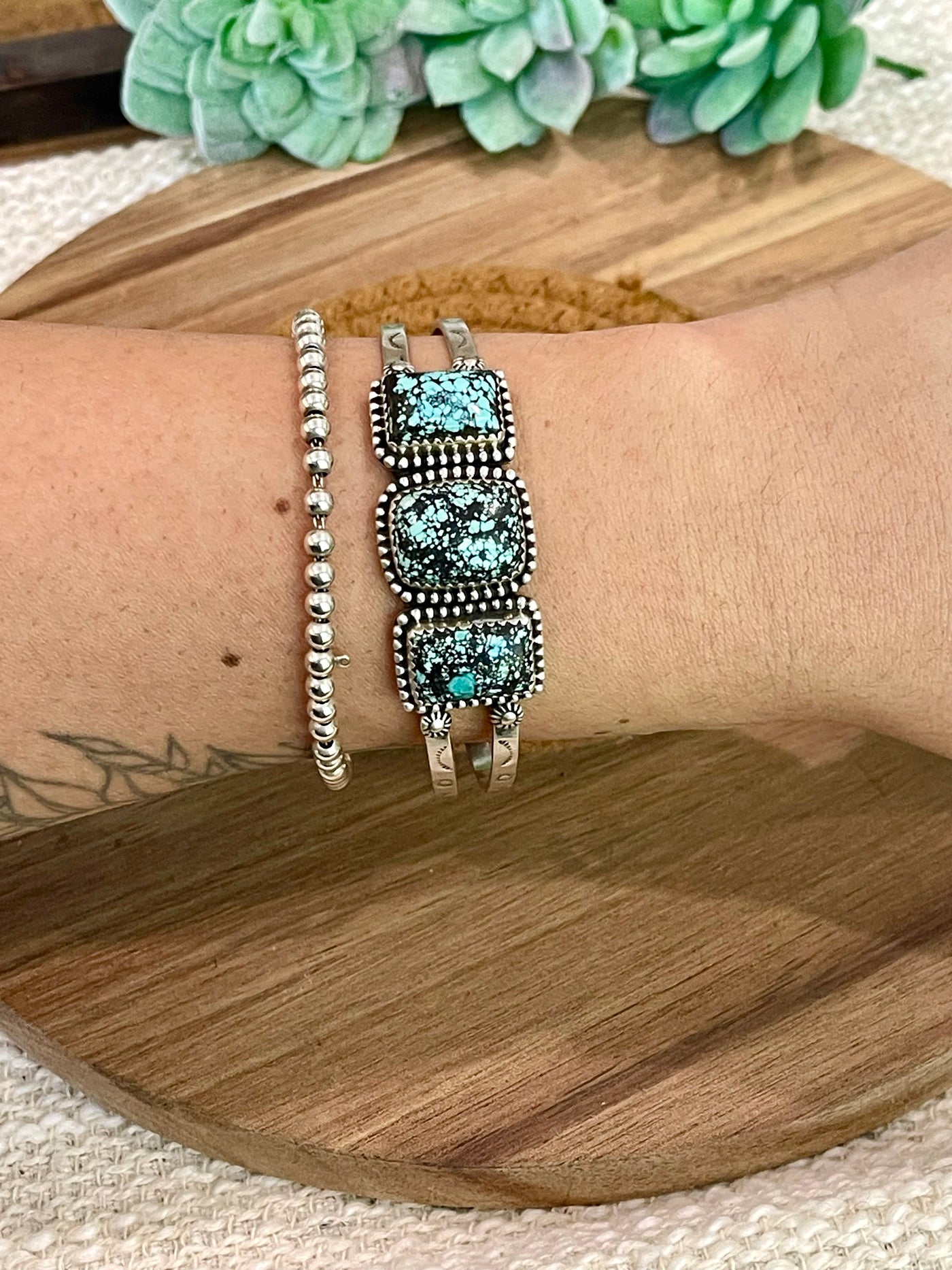 Handmade New Lander Turquoise & Sterling Silver Cuff Bracelet