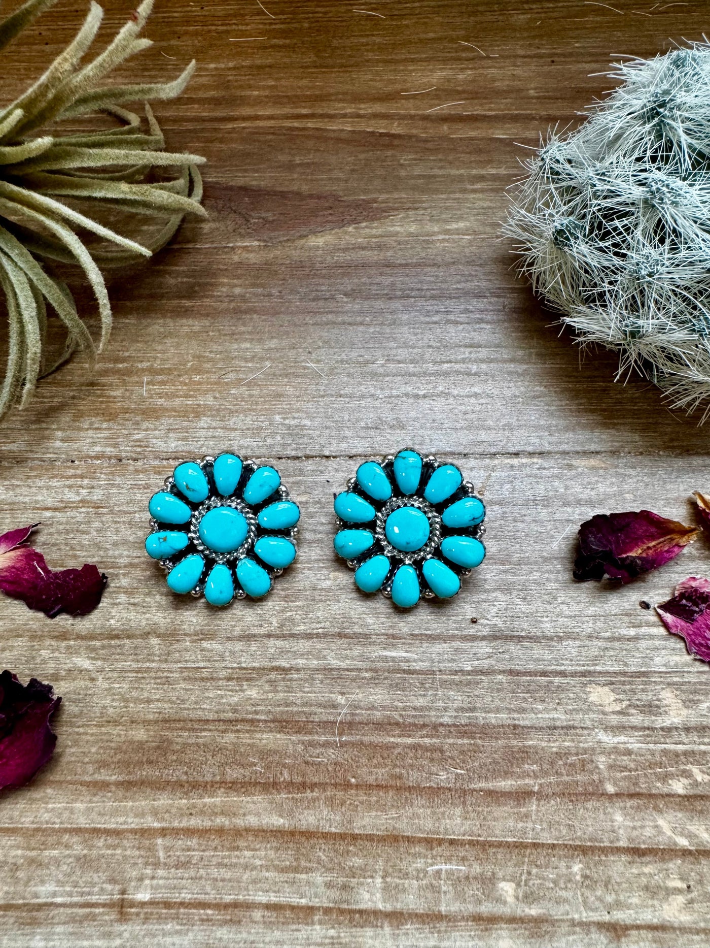 Cluster earrings stud - sterling silver and turquoise