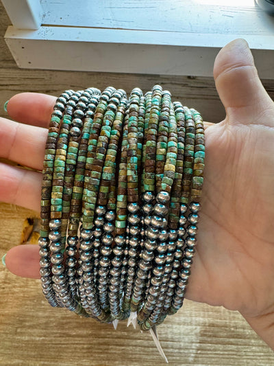 Sterling Silver Pearl & Green Heishi Turquoise Necklace – 19"