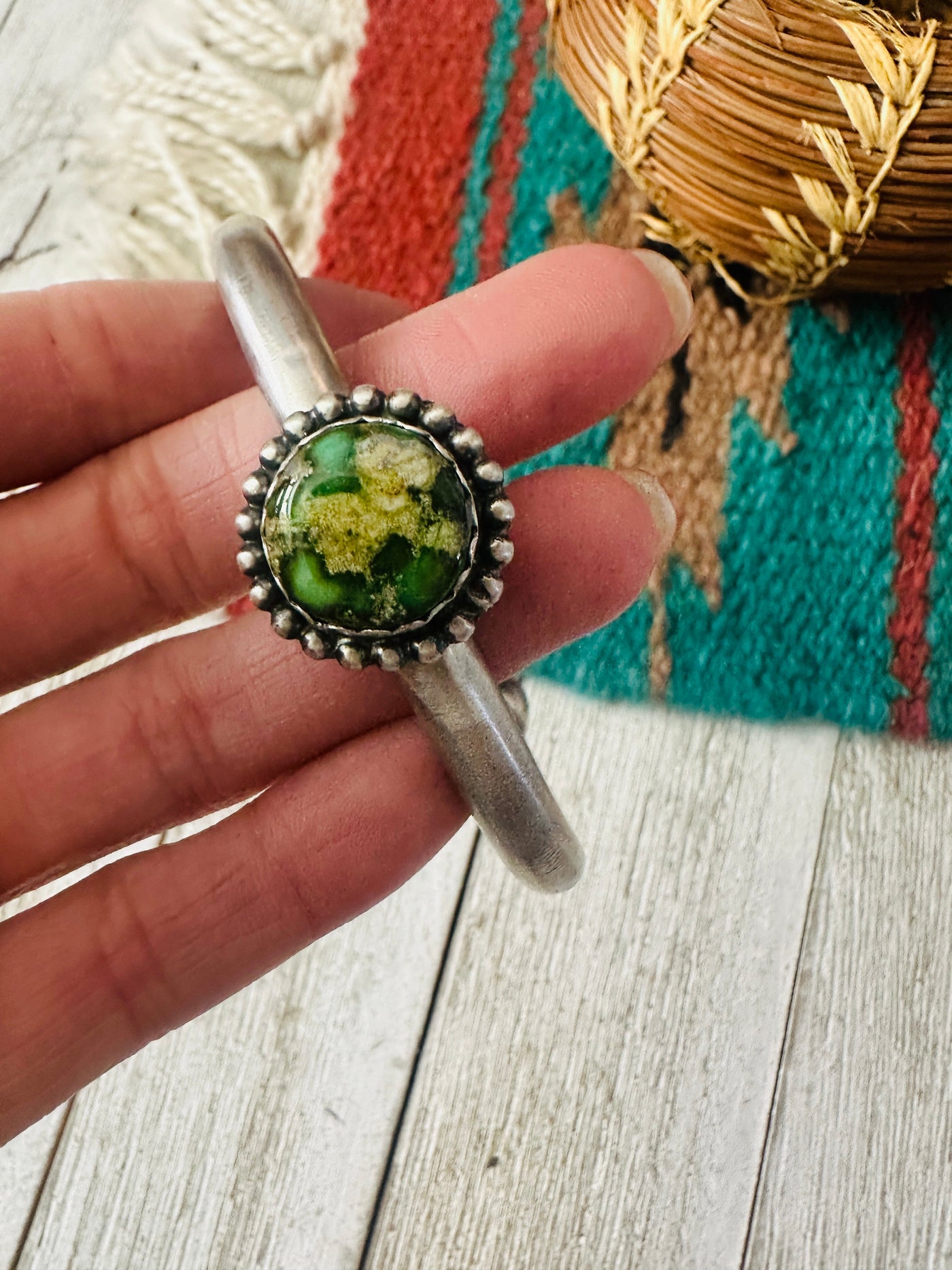 Handcrafted Sonoran Gold Turquoise & Sterling Silver Cuff Bracelet by Russell Sam