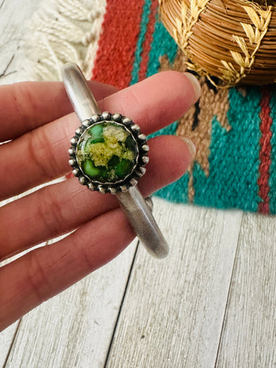 Handcrafted Sonoran Gold Turquoise & Sterling Silver Cuff Bracelet by Russell Sam