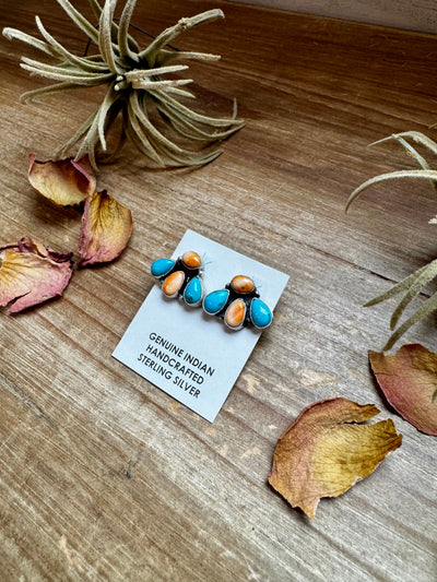 Stud Earrings – Orange Spiny & Turquoise (Stamped Marcella James)