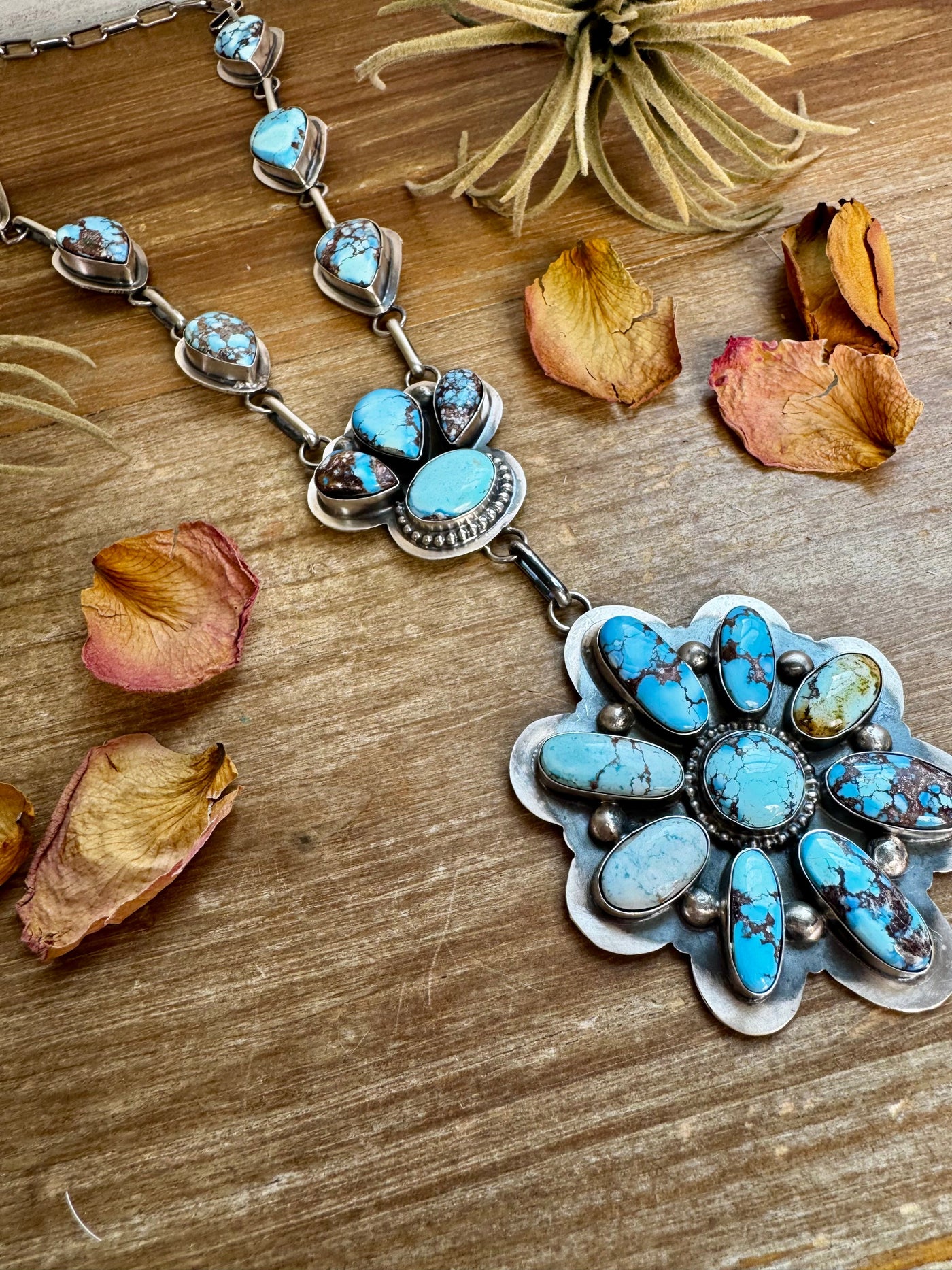 Massive Lariat Necklace – Golden Hill Turquoise – 28 Inch Sterling Silver Chain – 5.5 Inch Drop – Native Made by Delbert Santos