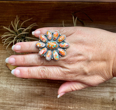 Mojave Spiny & Turquoise Flower Adjustable Ring – Sterling Silver, Made in USA