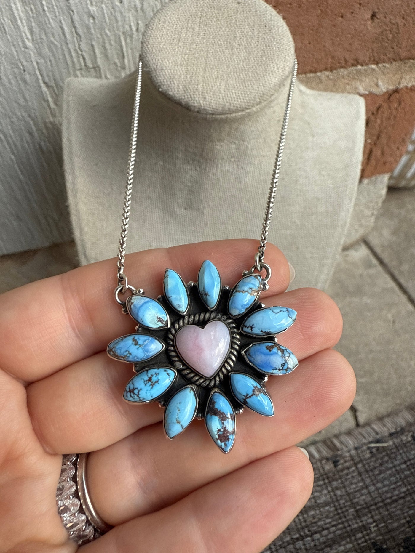 Handmade Sterling Silver, Golden Hills Turquoise & Pink Conch Heart Necklace