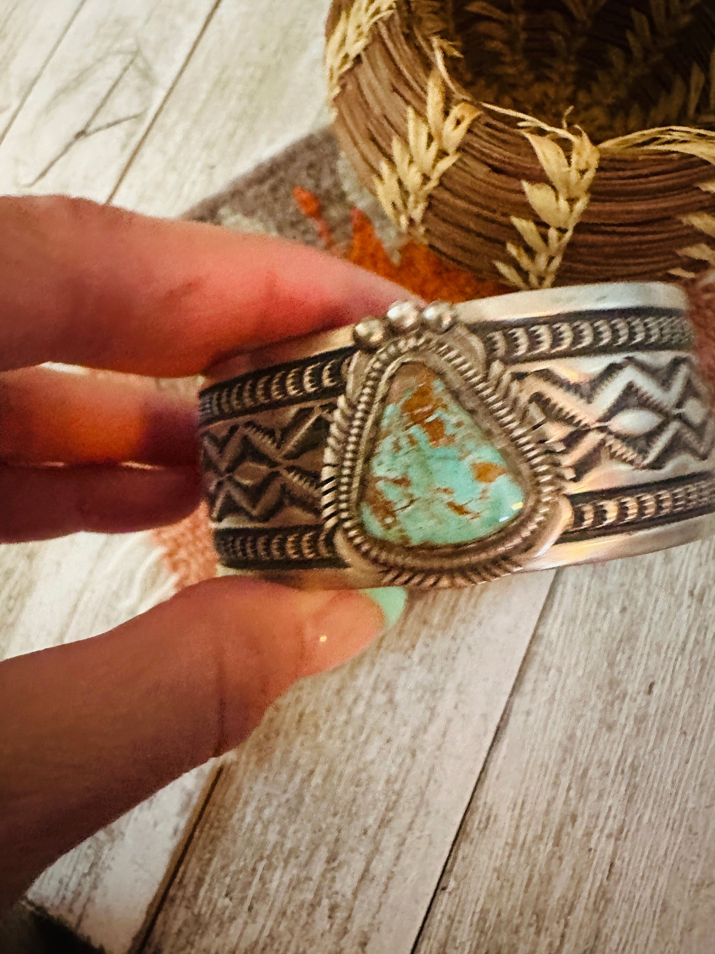Handcrafted Turquoise & Sterling Silver Cuff Bracelet by Leonard Maloney