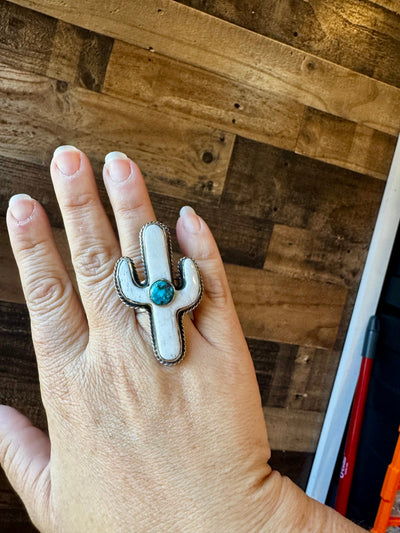 White Cactus Antler with turquoise Adjustable Ring