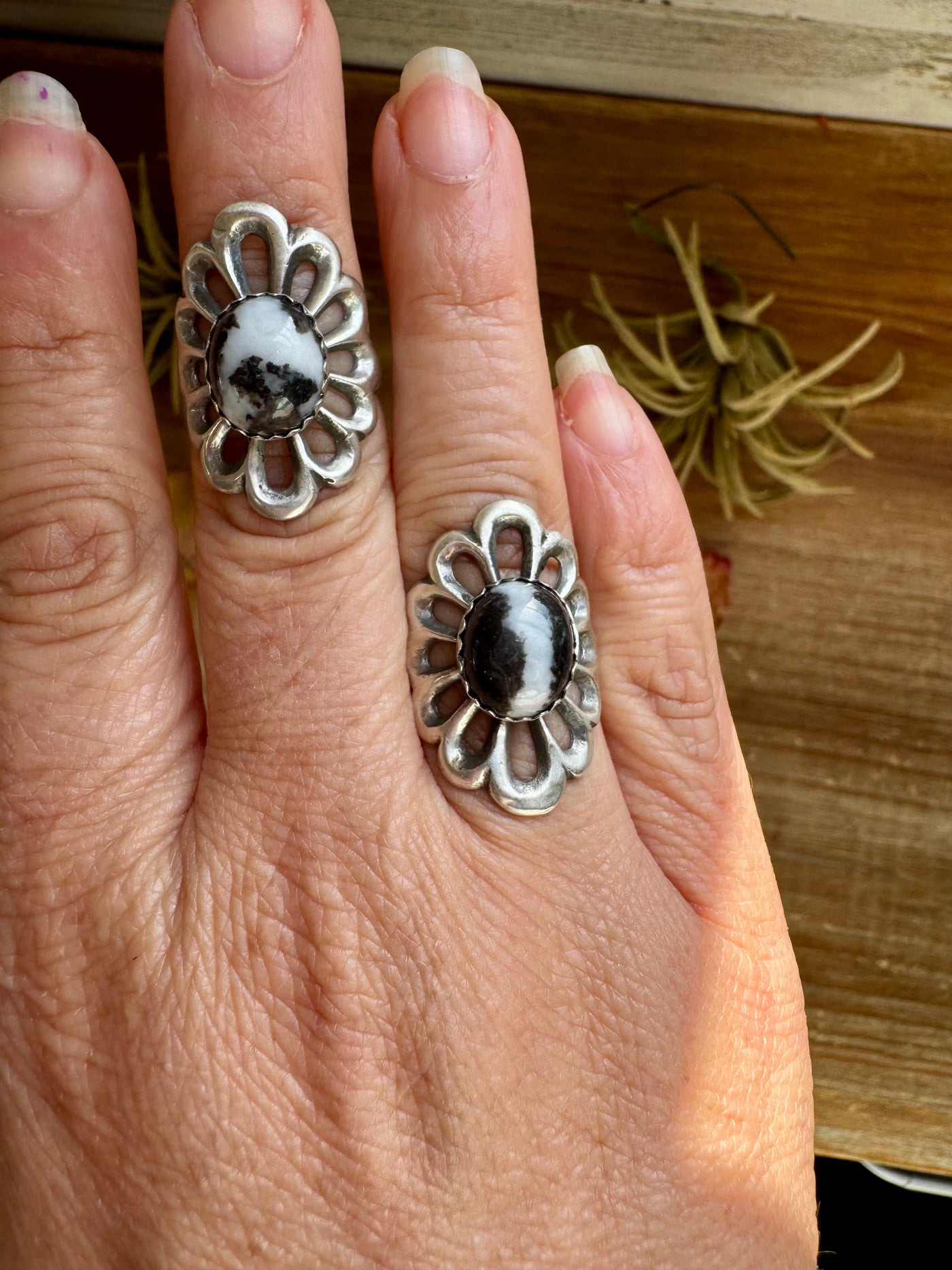 White Buffalo Flower Ring – Native Made Sterling Silver (Sizes 6.5 & 7.5)