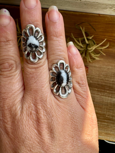 White Buffalo Flower Ring – Native Made Sterling Silver (Sizes 6.5 & 7.5)