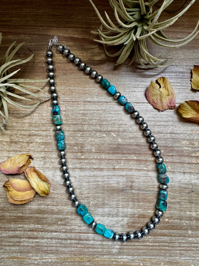 Blue Turquoise & Sterling Silver Necklace – 8 mm Pearls – 20 ½ Inch